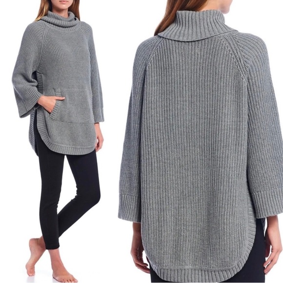 UGG Raelynn Chunky Funnel Neck Poncho Sweater Cotton Kangaroo Pocket Grey Size S - Picture 1 of 14